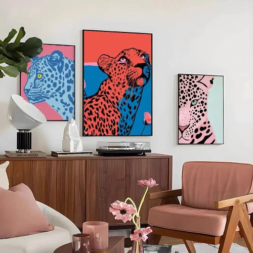 Póster de lona vintage com leopardo colorido para sala de estar, bar, café – Decoração de parede
