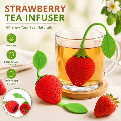Infusor de Chá de Silicone Forma Morango, Filtro Reutilizável para Chá de Folhas Soltas e Especiarias