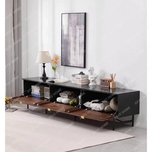 Set Kabinet TV dan Meja Kopi Kayu Walnut Hitam Minimalis Gaya Wabi-Sabi