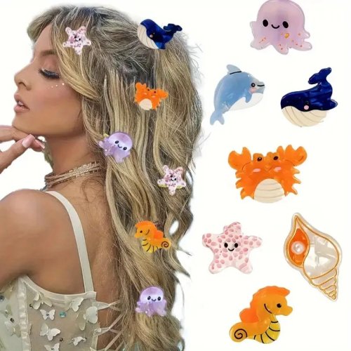 Pinzas para cabello de animales marinos - concha, delfín, pulpo, cangrejo, estrella de mar para mujer