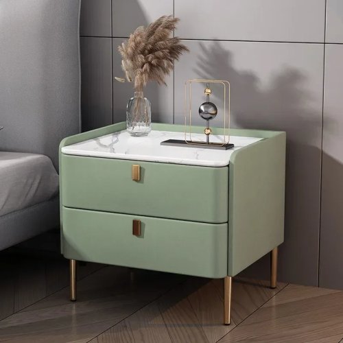 Tủ đầu giường đa năng bằng gỗ nguyên khối và da với đá phiến, chắc chắn và bền bỉ