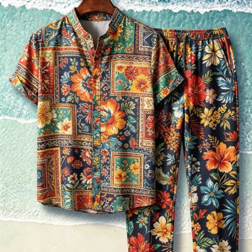 Ensemble homme plage: chemise vintage à fleurs col montant manches courtes et pantalon long à cordon