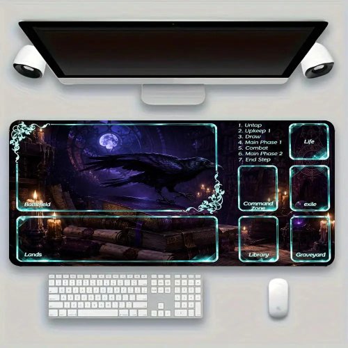 Gran tapete para mouse gamer con diseño de cuervo gótico y zonas divididas para cartas