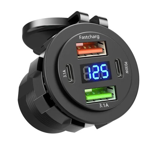 カー充電ソケット 4ポート、デュアルType-C＆デュアルUSB、急速充電、防水、電圧計付き、12V/24V対応、車・ボート・バイク用