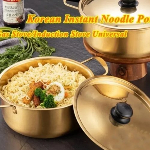 Mini Ramen Topf aus Edelstahl mit Deckel, Suppentopf, vergoldet, Doppelgriff, Camping Kochgeschirr