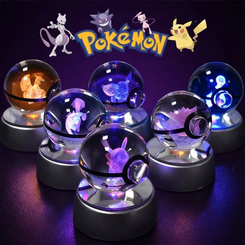 Pokemon Хрустальный Шар 3D Ночник – Стеклянная Статуя Мьюту Пикачу Генгар Покебол, Подарок на День Рождения