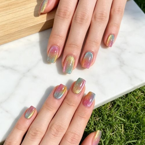 Faux ongles press-on carrés moyens avec effet œil de chat dégradé pailleté arc-en-ciel, base transparente, brillants et chatoyants, manucure douce quotidienne pour l'été