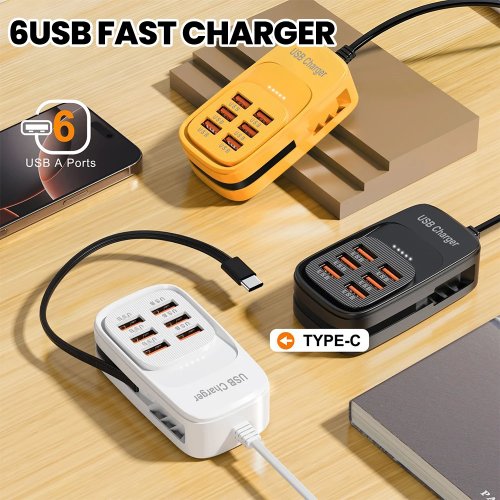 Stasiun Charger USB 6-in-1, Power Strip Desktop 3PD+3USB, Adaptor Perjalanan dengan Pengisian Cepat EU/UK/US