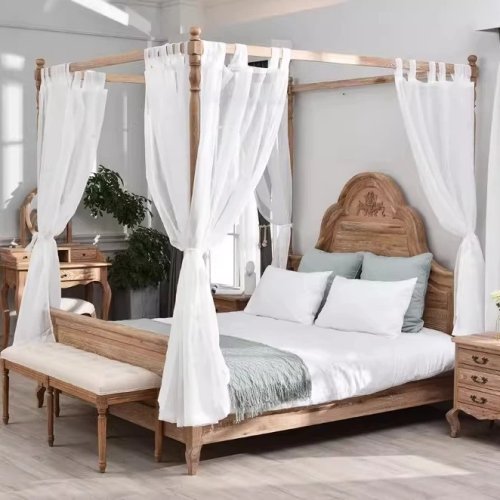 Frans retro berkenhouten tweepersoonsbed met vier palen, Amerikaanse countrystijl, voor de hoofdslaapkamer