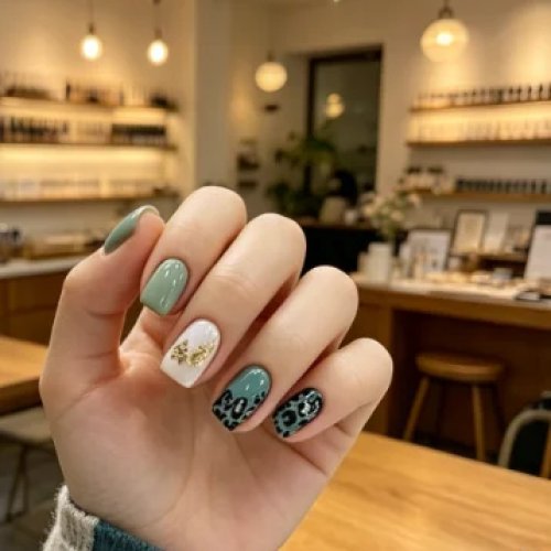 Uñas postizas press-on en verde salvia con estampado de leopardo, redondas medianas, brillosas, cortas, con acento de foil dorado, para manicura diaria de otoño