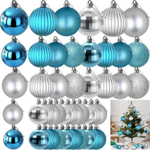 Set de Esferas Navideñas Irrompibles - 3/4/6cm para Decorar en Navidad, Fiestas y Bodas (Plata y Azul)