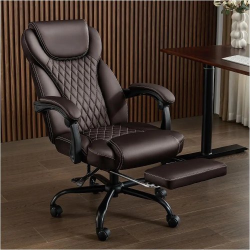 Silla de oficina ergonómica de piel para personas altas y grandes, con reposapiés, respaldo alto, reclinable 90-135°, 20 resortes