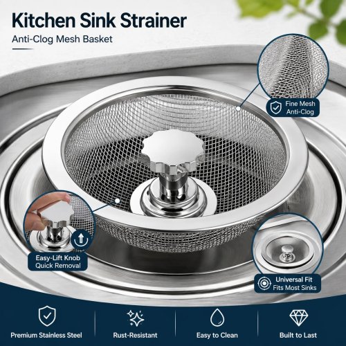 Stainless Steel Kitchen Sink Strainer Basket, Fine Mesh Drain Filter with Removable Handle, Anti-Clog Food Debris Catcher for Sink Drain, Washing Basin, and Floor Drain