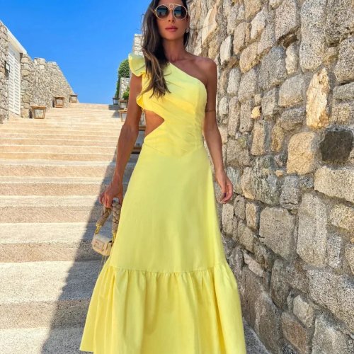 Vestido de noite elegante de mulher de ombro único, vestido de baile maxi recortado, vestido de festa sem mangas