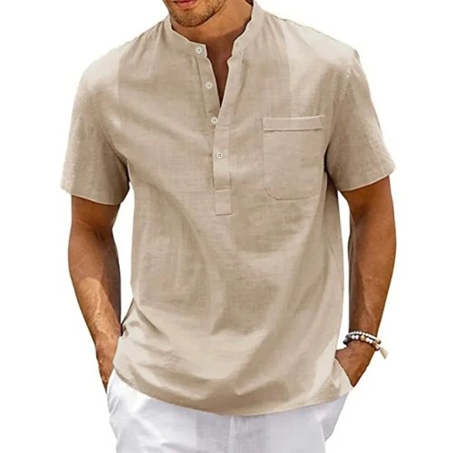 Camisa casual para hombre, de algodón y lino, cuello Henley, manga corta, con bolsillo, estilo vintage