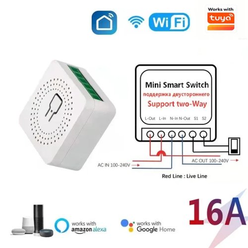 Mini WiFi Schakelaar 16A, 2-weg bediening, Werkt met Tuya/Smart Life, Alexa, Google Home