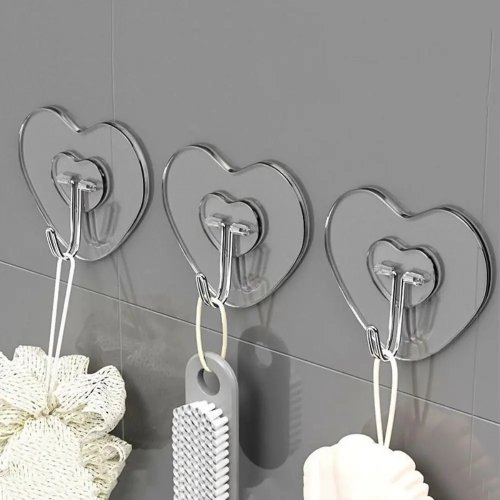 Móc treo tường hình trái tim tự dính, không cần khoan, dùng cho bếp, phòng tắm, cửa, trong suốt (1/10 cái)