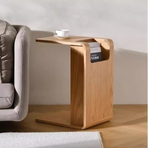Mesita para sofá de madera maciza en forma de C, diseño nórdico estilo wabi-sabi