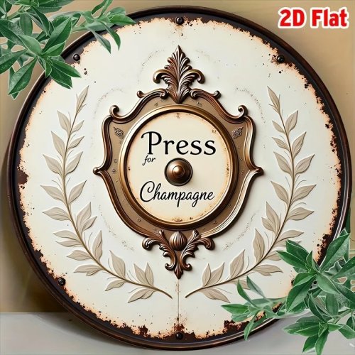 Biển thiếc cổ điển 'Press for Champagne' - Tấm kim loại vintage trang trí tường cho quầy bar, hầm rượu và tiệc tại nhà