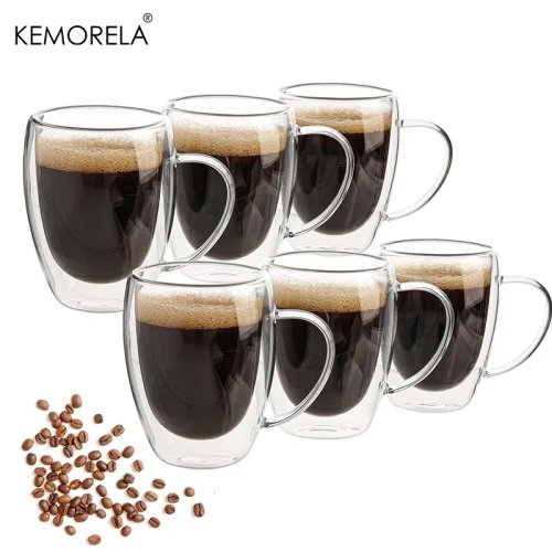 Set of 2/4/6 Double Wall Glass Coffee Mugs 350ml with Handle, Transparent Cappuccino Cups for Coffee, Milk, Tea, Juice
