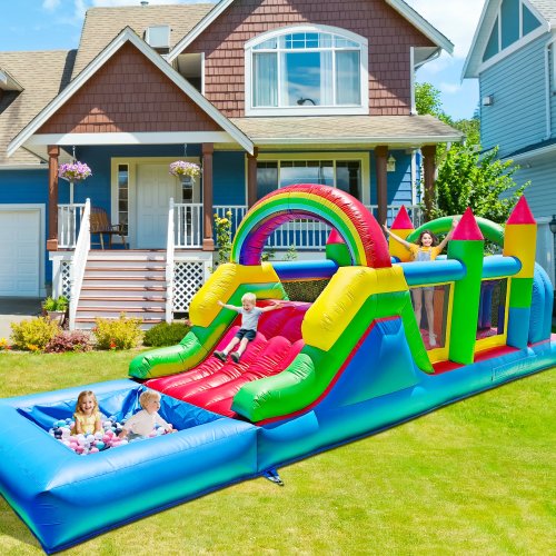 Escorrega de água insuflável de dupla pista com piscina – castelo insuflável em PVC resistente, qualidade comercial para festas de família no quintal