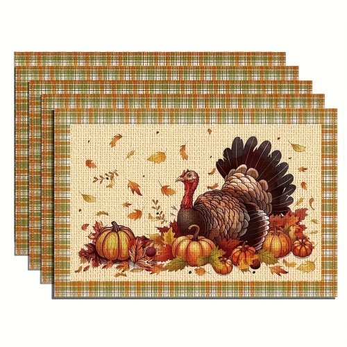 4 sets de table dinde Thanksgiving, citrouille automne, style ferme vintage aquarelle pour fête de Thanksgiving