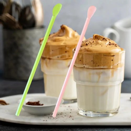 50/100 Piezas Popotes Cuchara 200mm para Smoothie, Popote de Plástico con Cuchara 2 en 1 para Malteada, Bubble Tea y Slush