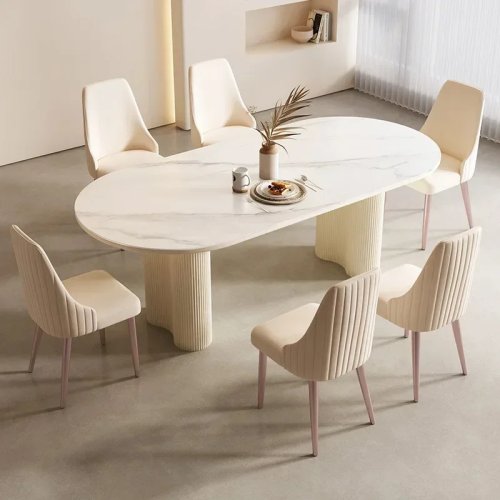 Nordic minimalistische ovale eettafel van gesinterde steen in crèmewit, met 6 stoelen – Eetkamermeubels voor restaurant en thuis