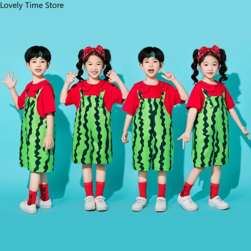 Kids Hip Hop Watermelon Overalls Shorts - Summer Dungaree Jumpsuit for Boys and Girls