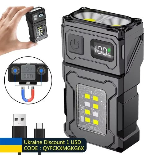 Mini USB Rechargeable LED Flashlight with Tail Magnet, Super Bright COB Camping Lantern Emergency Light