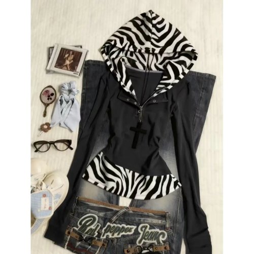 Vintage Y2K Hoodie Slimming Long Sleeve Waist-Cinching Girl Power Trendy Long Hooded Top for Women Spring Summer 2026
