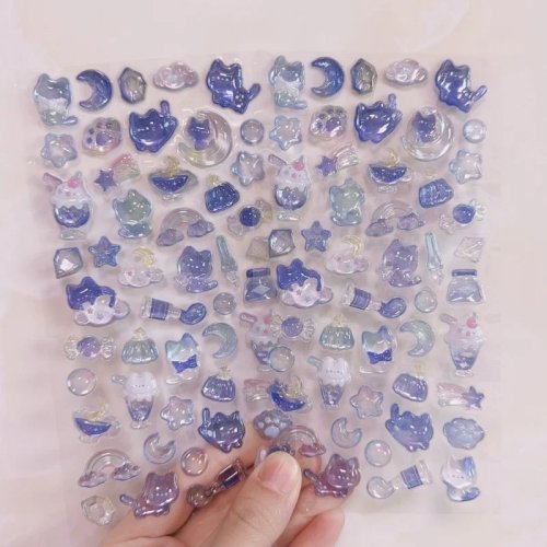 Pegatina 3D de gatito azul cielo estrellado - Decoración DIY para diario, funda de móvil