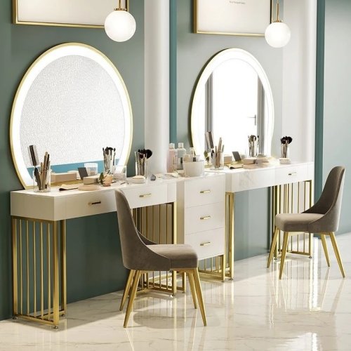 Coiffeuse en marbre de luxe léger avec lampe pour salon de beauté professionnel