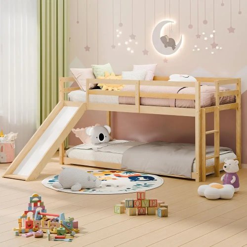 木製二段ベッド（ツインオーバーツイン）キッズ用、滑り台、はしご、安全柵、収納付き