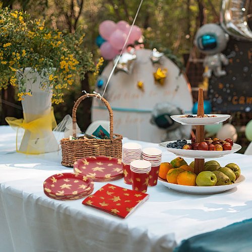 1 Set Vajilla de Papel Festiva con Estampado de Hoja de Arce – Platos y Vasos de Papel Desechables para Fiestas, Cenas y Reuniones