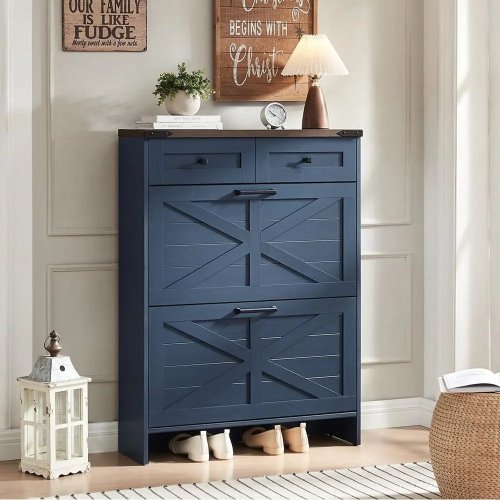 Tủ giày hẹp có cửa chuồng, 2 ngăn kéo phía trước, 2 ngăn kéo lưu trữ, kệ có thể điều chỉnh, màu xanh navy