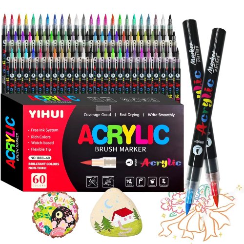 60 Couleurs Stylos Peinture Acrylique, Pointe Pinceau pour Peinture sur Pierre, Bois, Verre, Céramique, Vinyles, Cadeau DIY Loisirs Créatifs