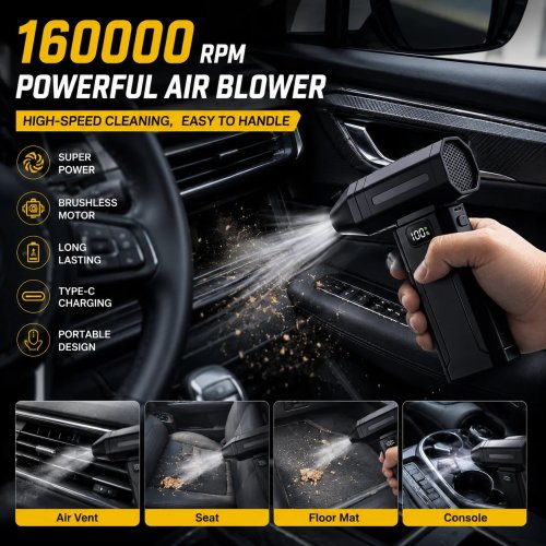 Mini Soplador 160000 RPM, Soplador de Aire Potente para Limpieza de Polvo, Carga Tipo C, Turbina sin Escobillas