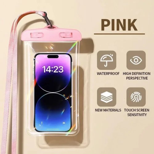 Custodia per telefono rosa impermeabile con laccetto, touchscreen trasparente, sacchetto impermeabile galleggiante universale per spiaggia, piscina, viaggio