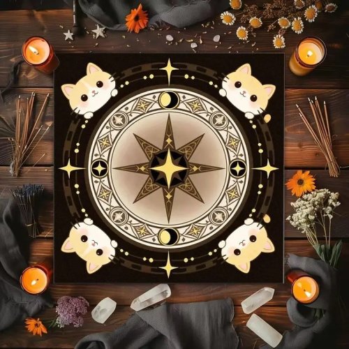 Pano de altar místico com gato de astrologia, hexagrama de estrelas e lua, toalha de mesa para tarô, decoração espiritual de bruxaria