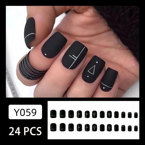 Matt Schwarz Kurze Quadratische Press-On-Nägel mit Minimalistischem Weißem Geometrischem Dreiecksdesign, 24 Stück Wiederverwendbare Fake Nägel, Punk Maniküre-Zubehör