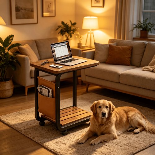C-Shaped Rolling Side Table – Solid Wood Coffee Table with Storage Pouch, Reinforced Frame, 360° Silent Wheels