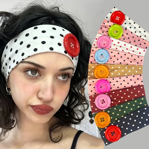 Diadema de lunares para mujer, borde ancho, adorno de botón, elástica y antideslizante, para maquillaje y yoga