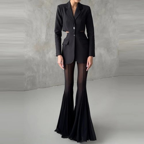 Elegante broek voor dames met hoge taille, wijd pipa, slank fit, met mesh details