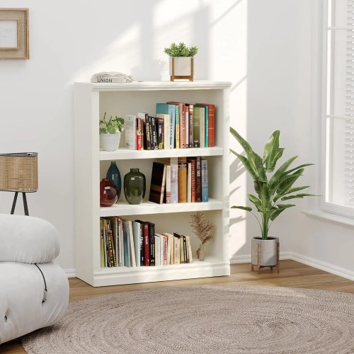 Bibliothèque ouverte blanche à 3 étagères, 43 pouces de haut, 33 pouces de large, étagère au sol pour maison, bureau, école, bibliothèque, chambre