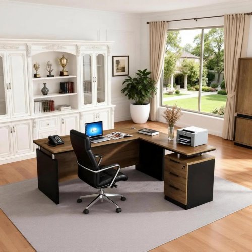 Bàn làm việc chữ L dành cho giám đốc 63 inch có ngăn kéo khóa và tấm chắn riêng tư, bàn văn phòng chắc chắn một mảnh, thiết kế chữ L hiện đại có thể đảo