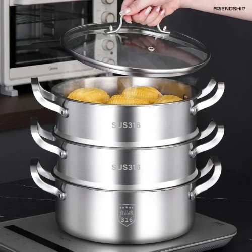 Lebensmittelechter 316 Edelstahl Dampfgarer, 3 Ebenen, Großes Fassungsvermögen, Verdickt, für Haushalt und Gastronomie
