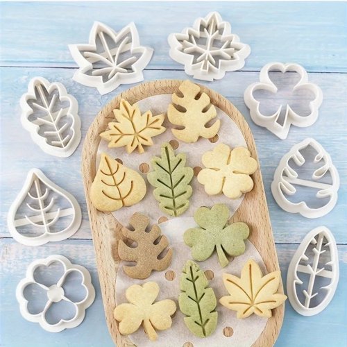 Set de 8 cortadores de galletas con forma de hoja, flor, fruta y planta – moldes de prensa 3D para repostería, fondant y dulces temáticos