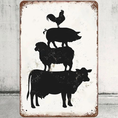 Letrero de Metal 8x12 Pulgadas Decoración de Pared Vintage Animales de Granja - Lámina con Vaca, Cerdo, Pollo, Oveja