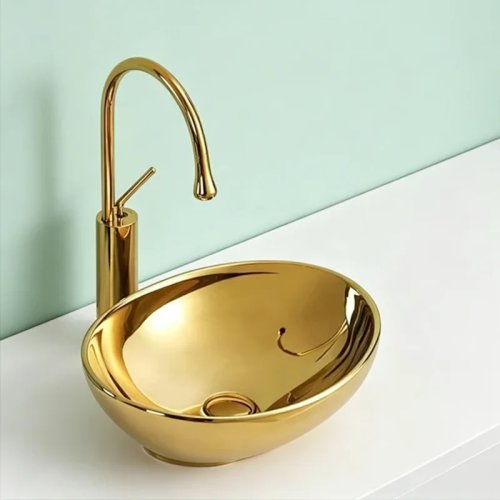 Lavatório de cerâmica dourado oval 41x34cm, ideal para casas de banho modernas, vestiários, toucadores, sanitas e autocaravanas